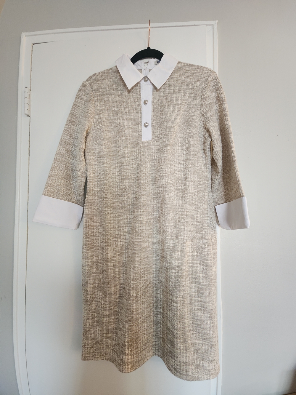 Cato Cream Tweed Dress with White Collar, Cuffs